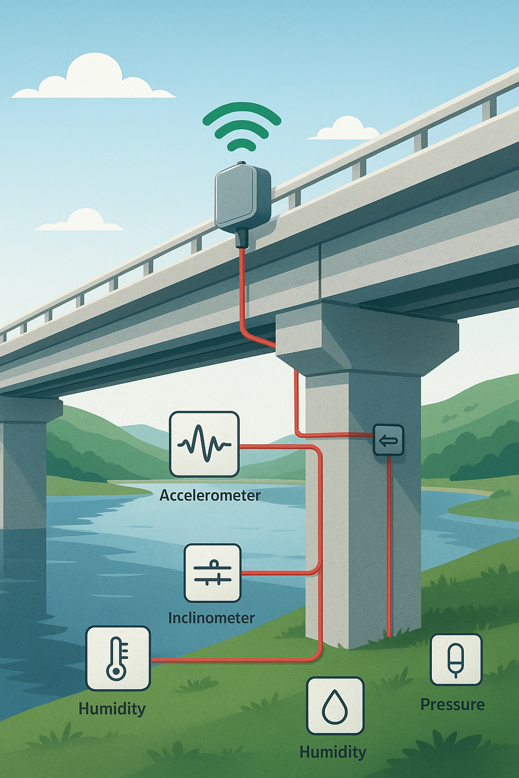 IoT sensors installed on a bridge for real-time structural monitoring