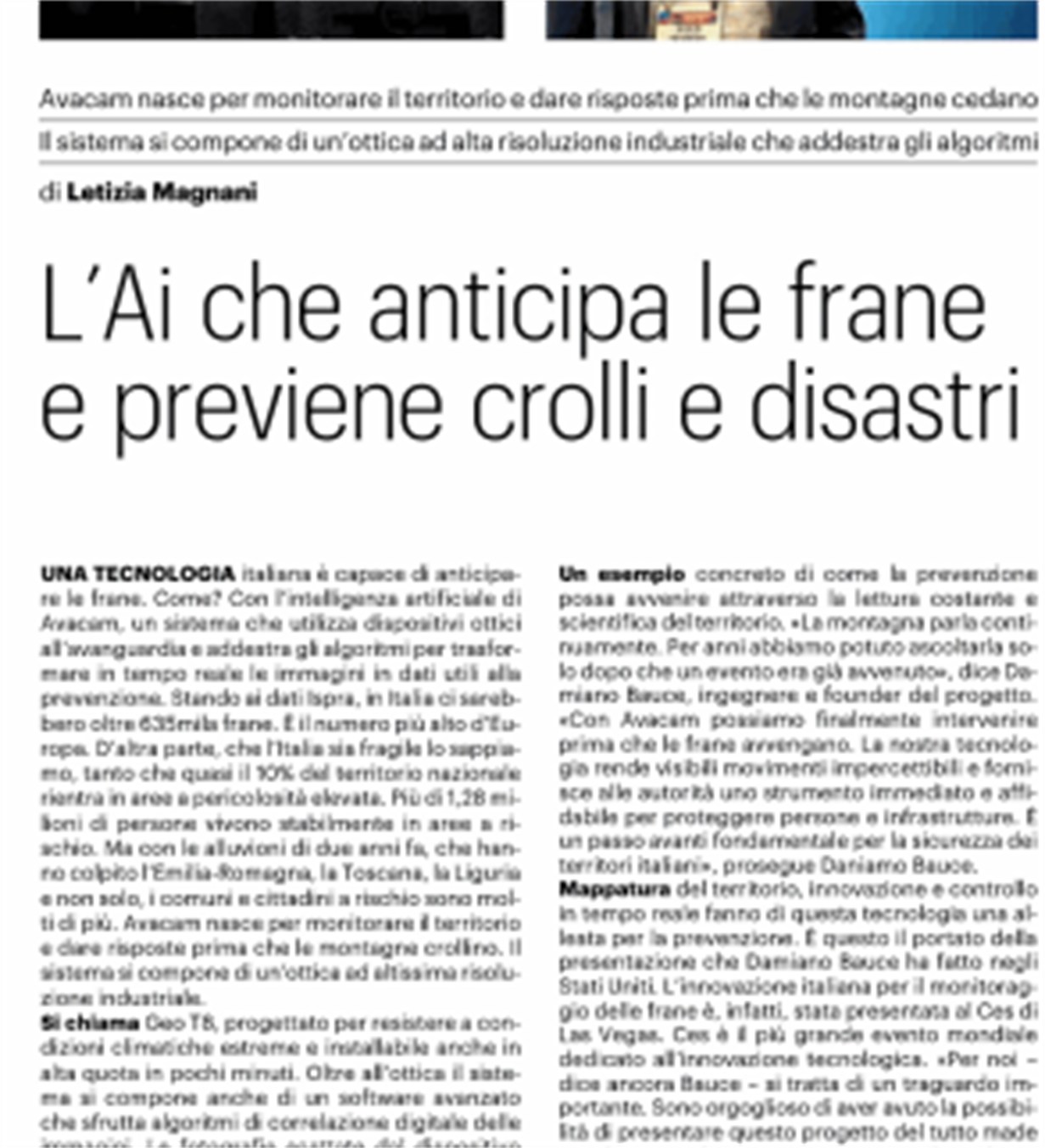 Avacam sul Resto del Carlino: l'AI che anticipa le frane e previene crolli e disastri