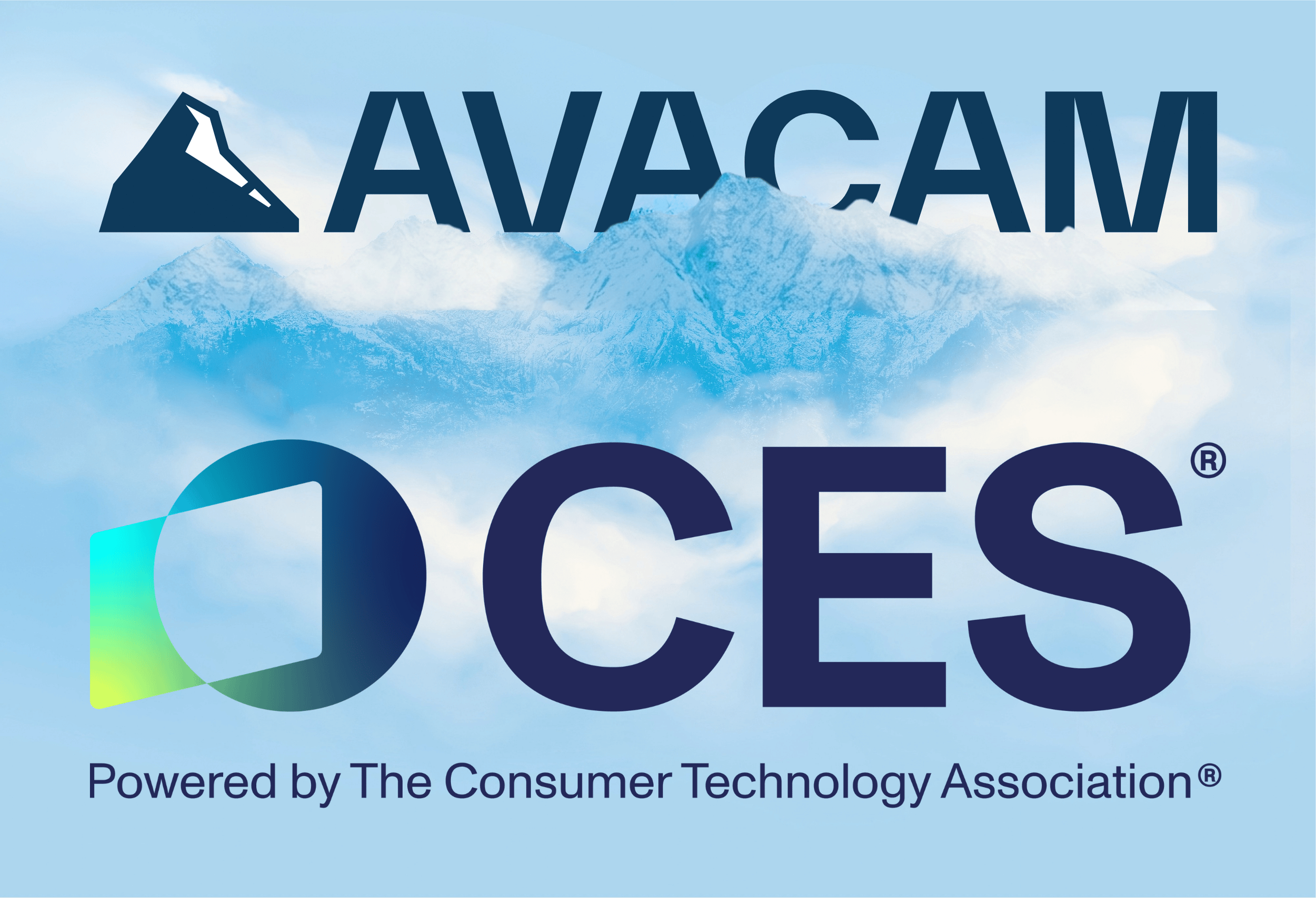 Logo Avacam e logo CES su sfondo di montagne innevate